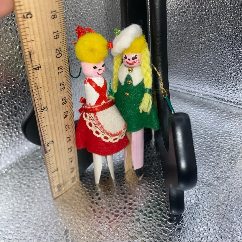 SET of 2 Clothespin Girls MCM Christmas Ornaments Handmade Folkart Felt‎ Pom Pom
